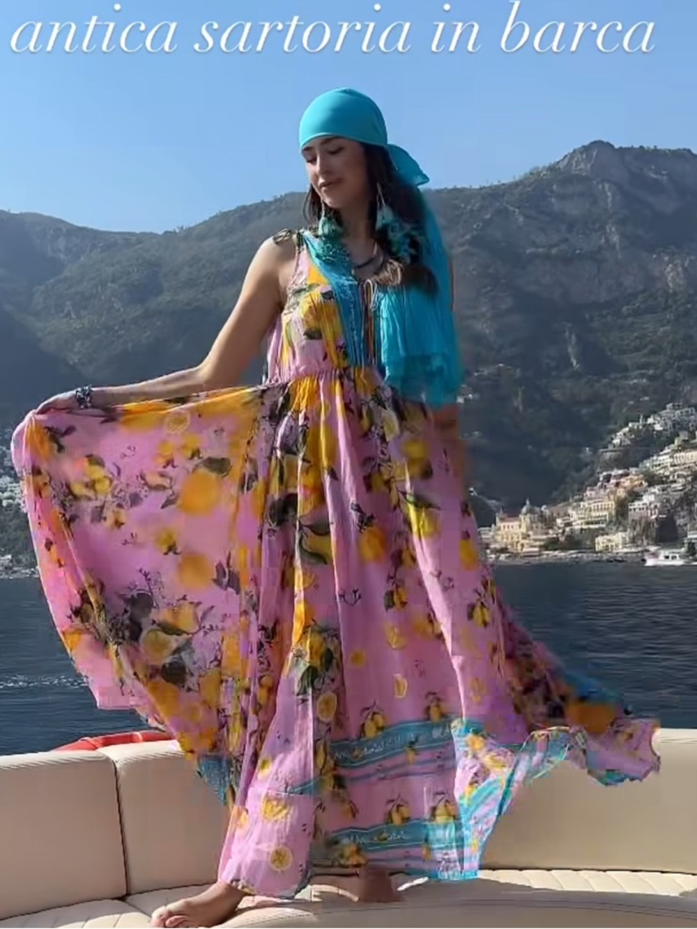 Antica Sartoria 2026 Flowing Pink Floral Maxi Dress with Lemon & Aqua NWT O/S